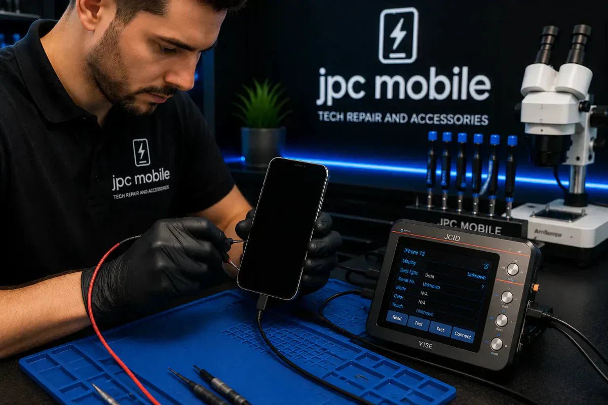 Technician diagnosing iPhone black screen faults at JPC Mobile Forest Lake Brisbane