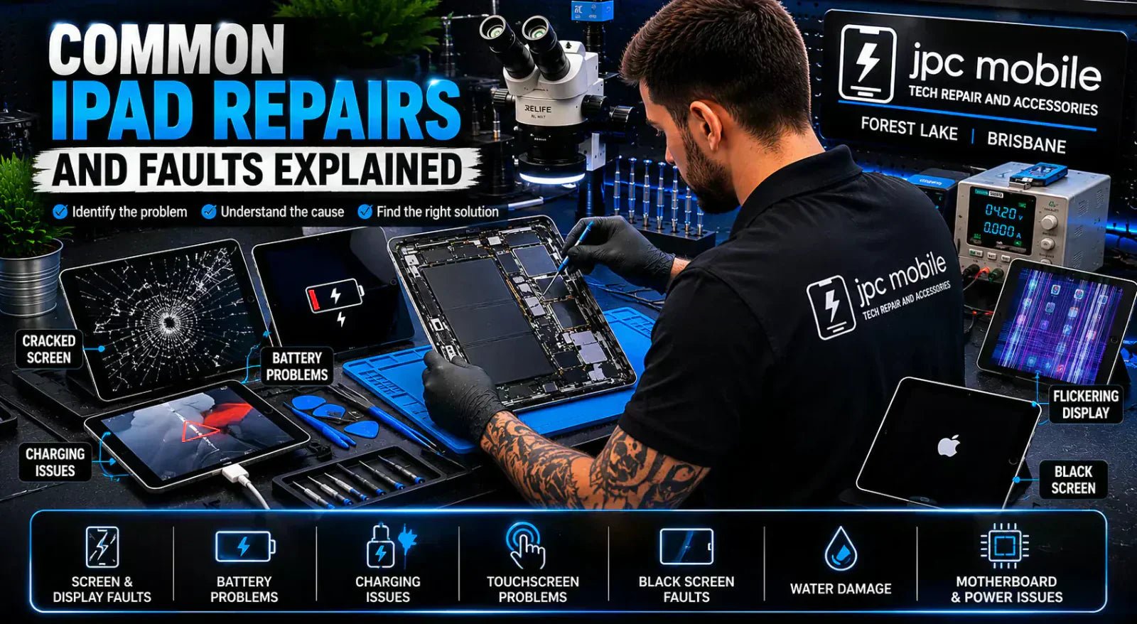 Technician diagnosing multiple common iPad faults at a professional repair workstation