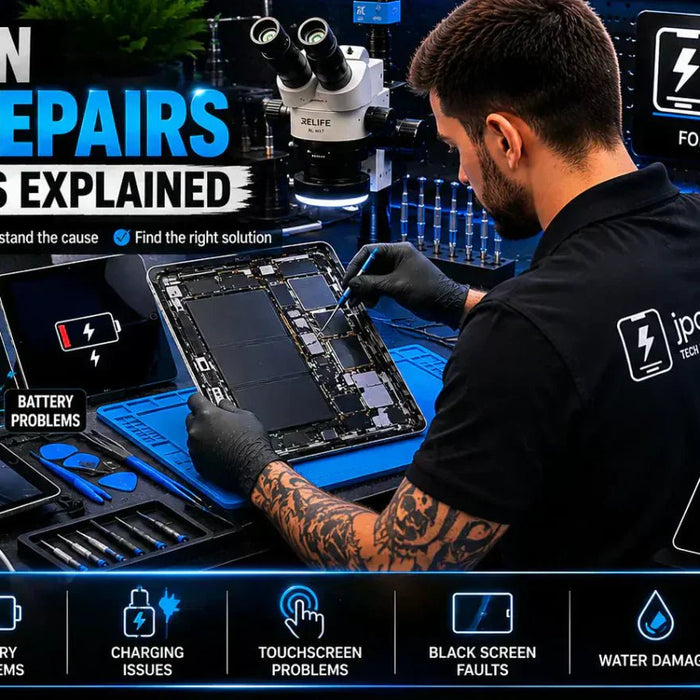 Technician diagnosing multiple common iPad faults at a professional repair workstation