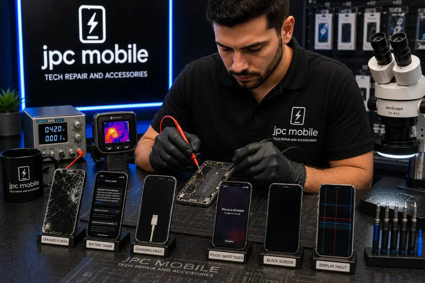 Technician diagnosing multiple iPhone faults at JPC Mobile Forest Lake Brisbane