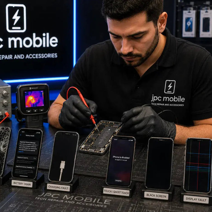 Technician diagnosing multiple iPhone faults at JPC Mobile Forest Lake Brisbane