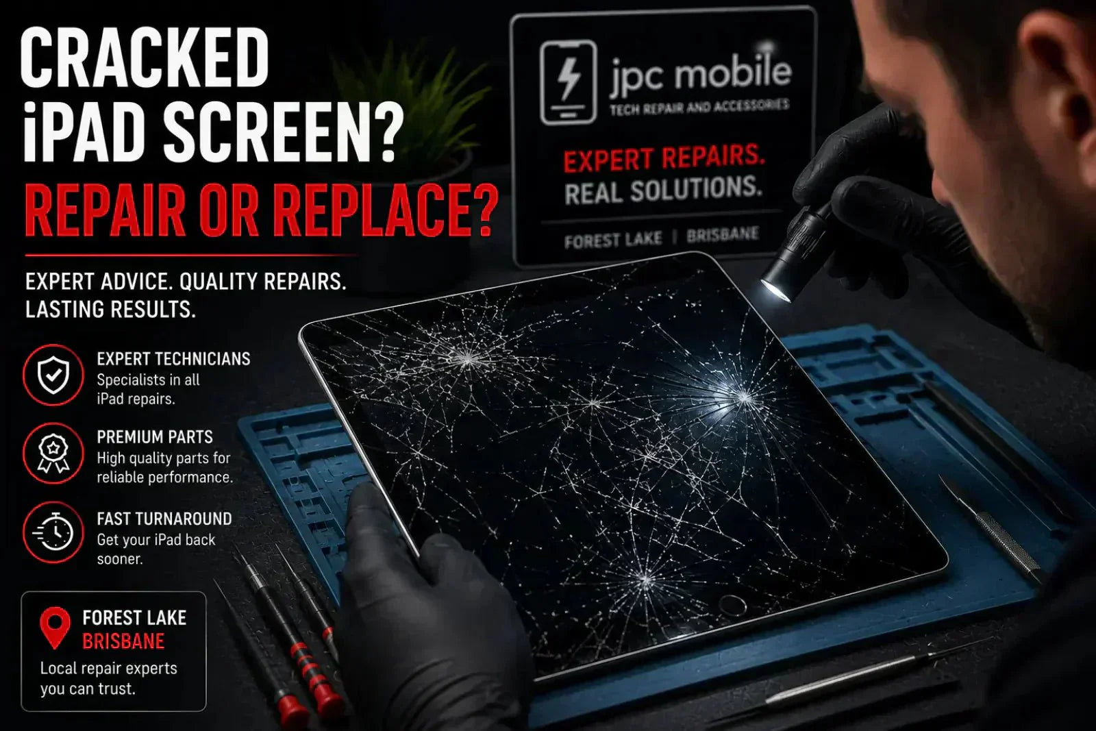 Technician inspecting a cracked iPad screen to determine whether repair or replacement is required