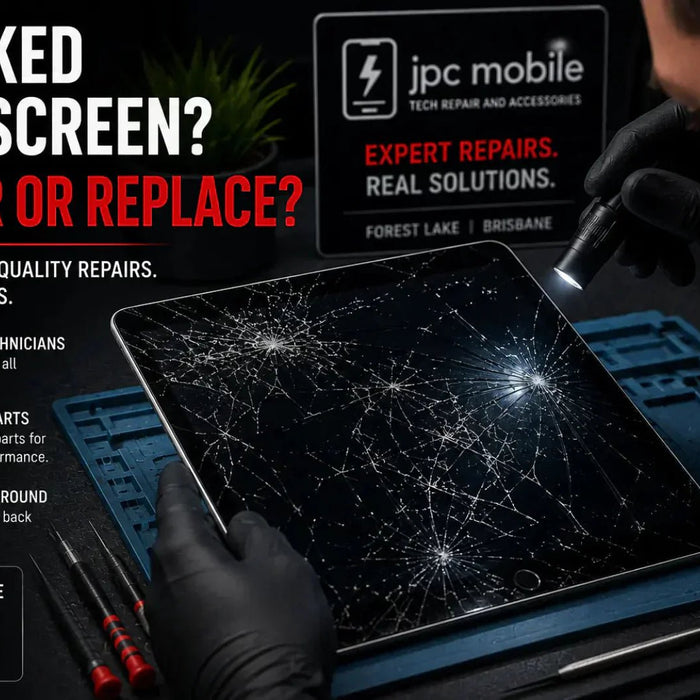 Technician inspecting a cracked iPad screen to determine whether repair or replacement is required