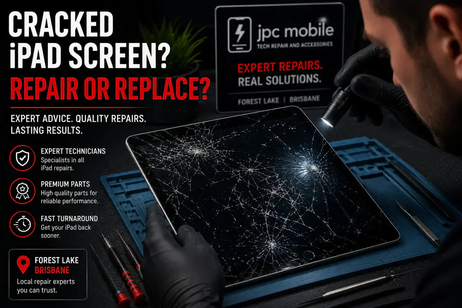 Technician inspecting a cracked iPad screen to determine whether repair or replacement is required
