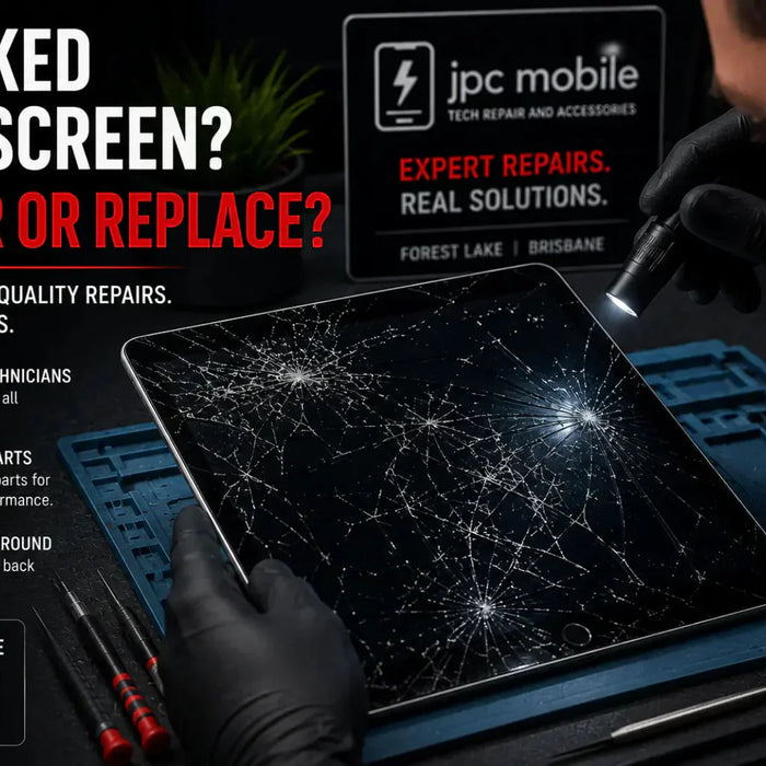 Technician inspecting a cracked iPad screen to determine whether repair or replacement is required