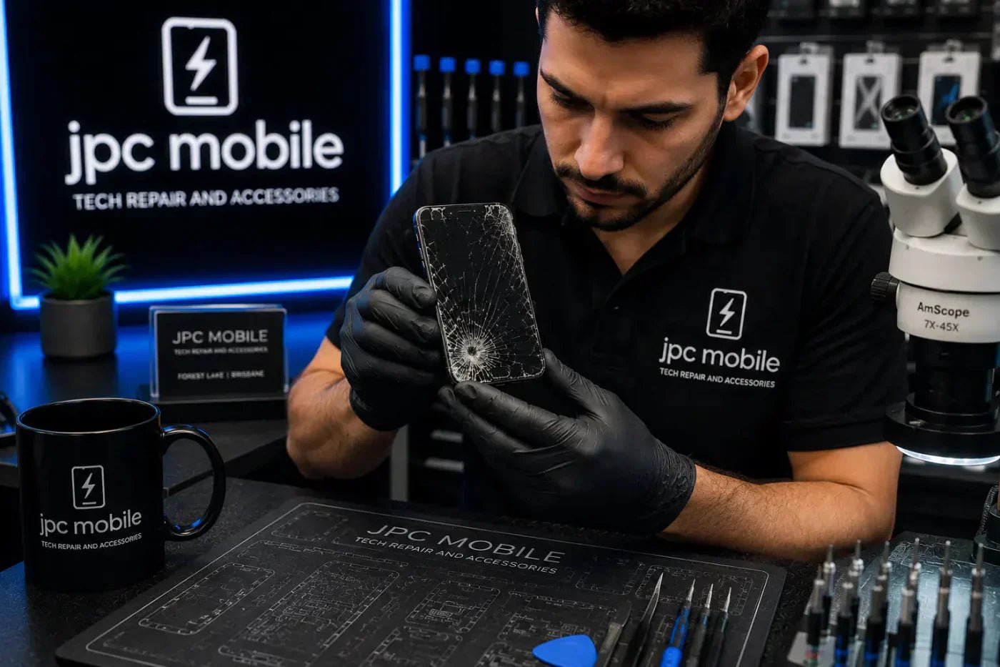 Technician inspecting a cracked iPhone screen at JPC Mobile Forest Lake Brisbane