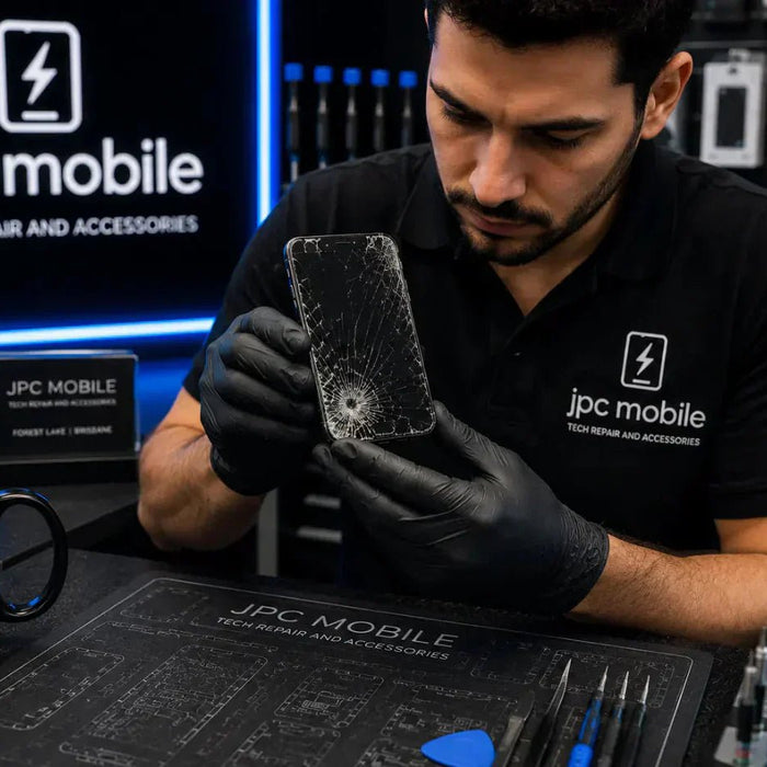 Technician inspecting a cracked iPhone screen at JPC Mobile Forest Lake Brisbane