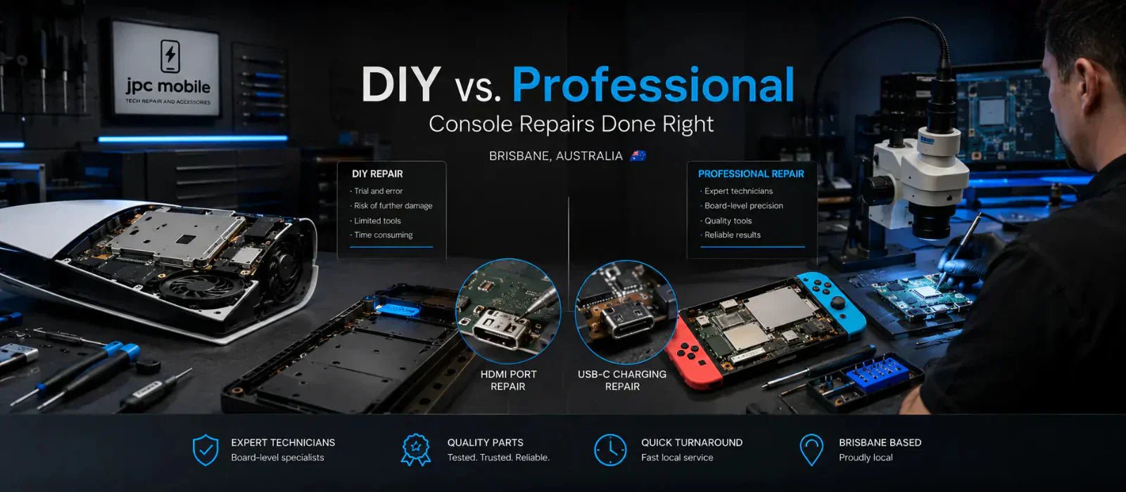 DIY and professional game console repair setup with repair tools and motherboard work