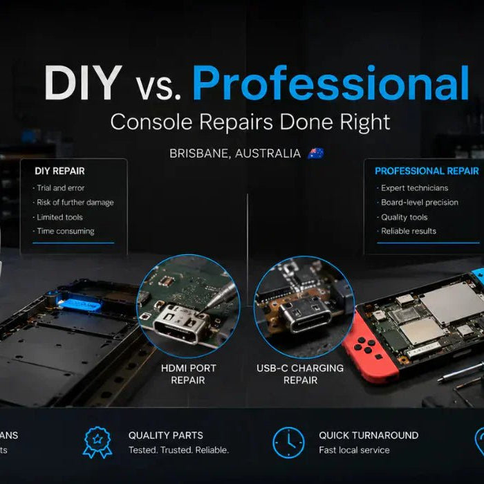 DIY and professional game console repair setup with repair tools and motherboard work