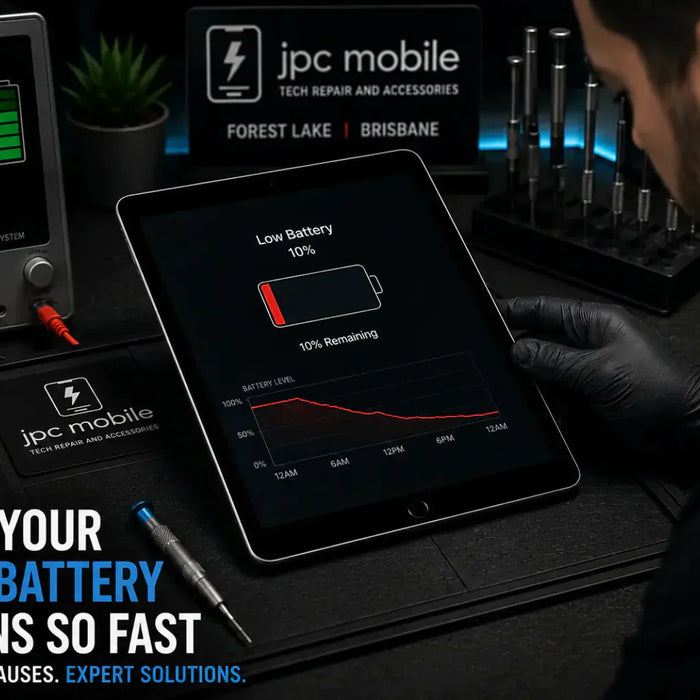 Technician diagnosing an iPad with severe battery drain issues using battery health testing equipment