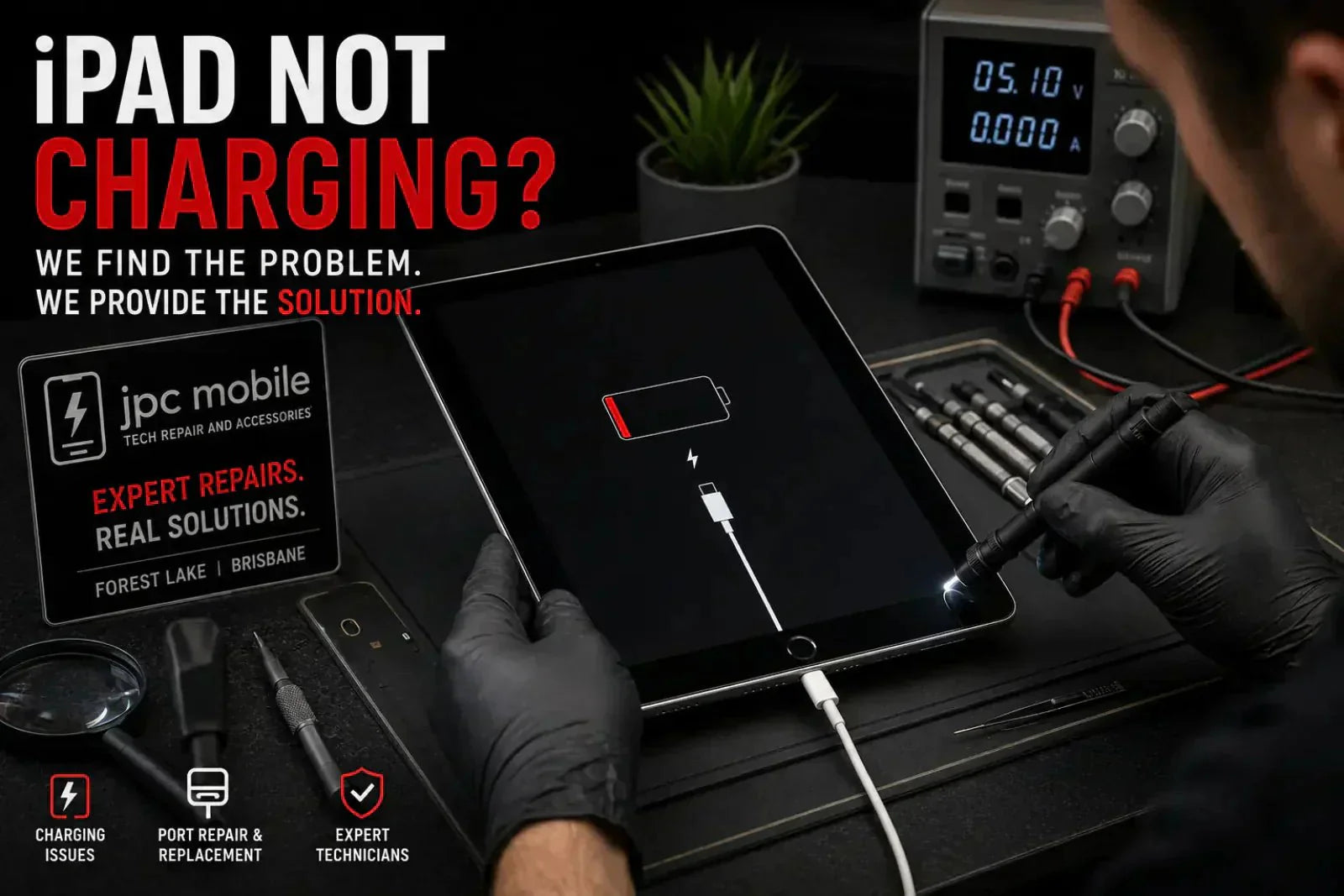 Technician diagnosing an iPad that is not charging due to a charging port problem