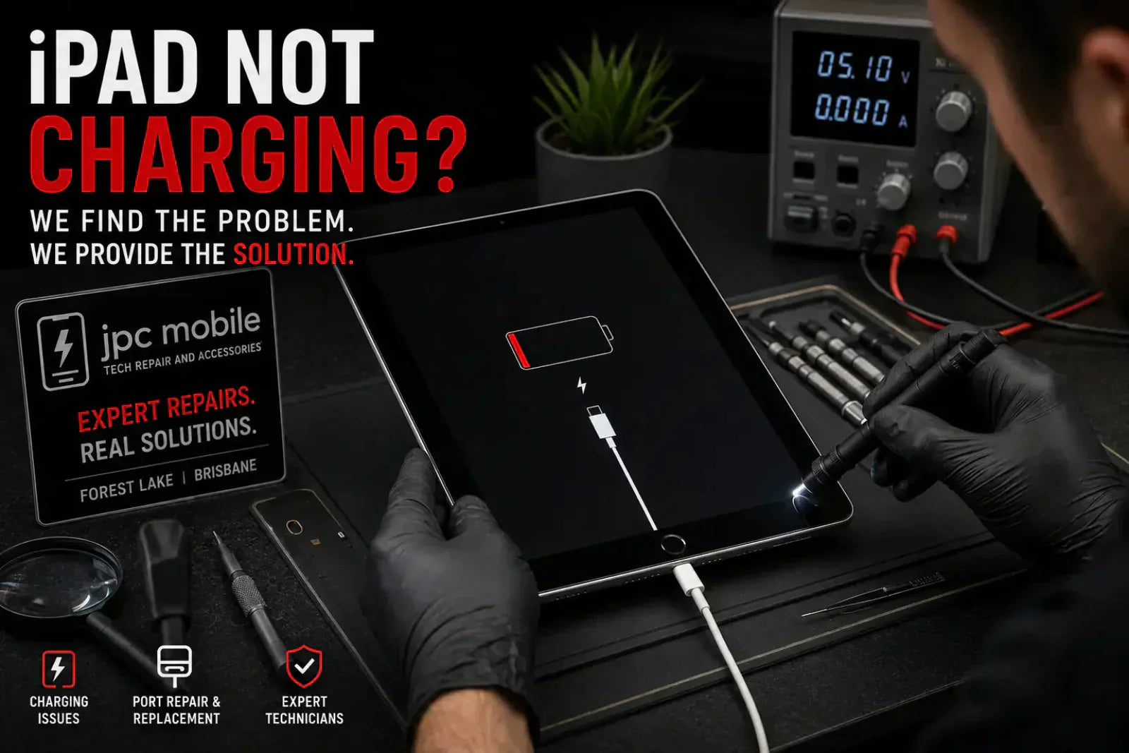 Technician diagnosing an iPad that is not charging due to a charging port problem