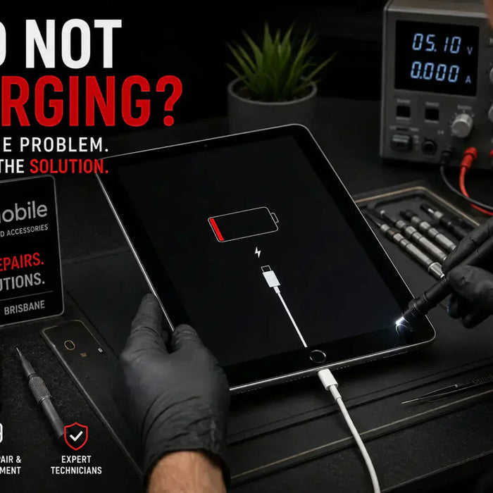 Technician diagnosing an iPad that is not charging due to a charging port problem