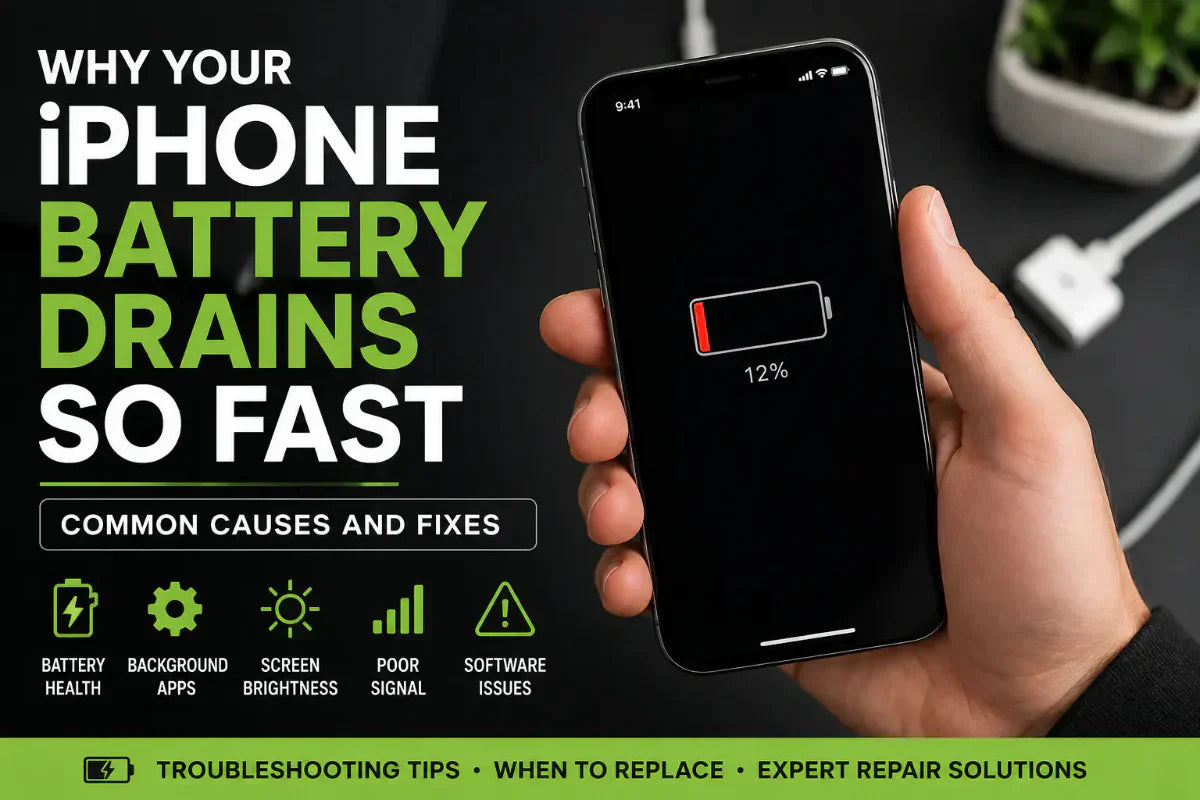 Technician diagnosing poor iPhone battery life and rapid battery drain issues at a professional repair workstation