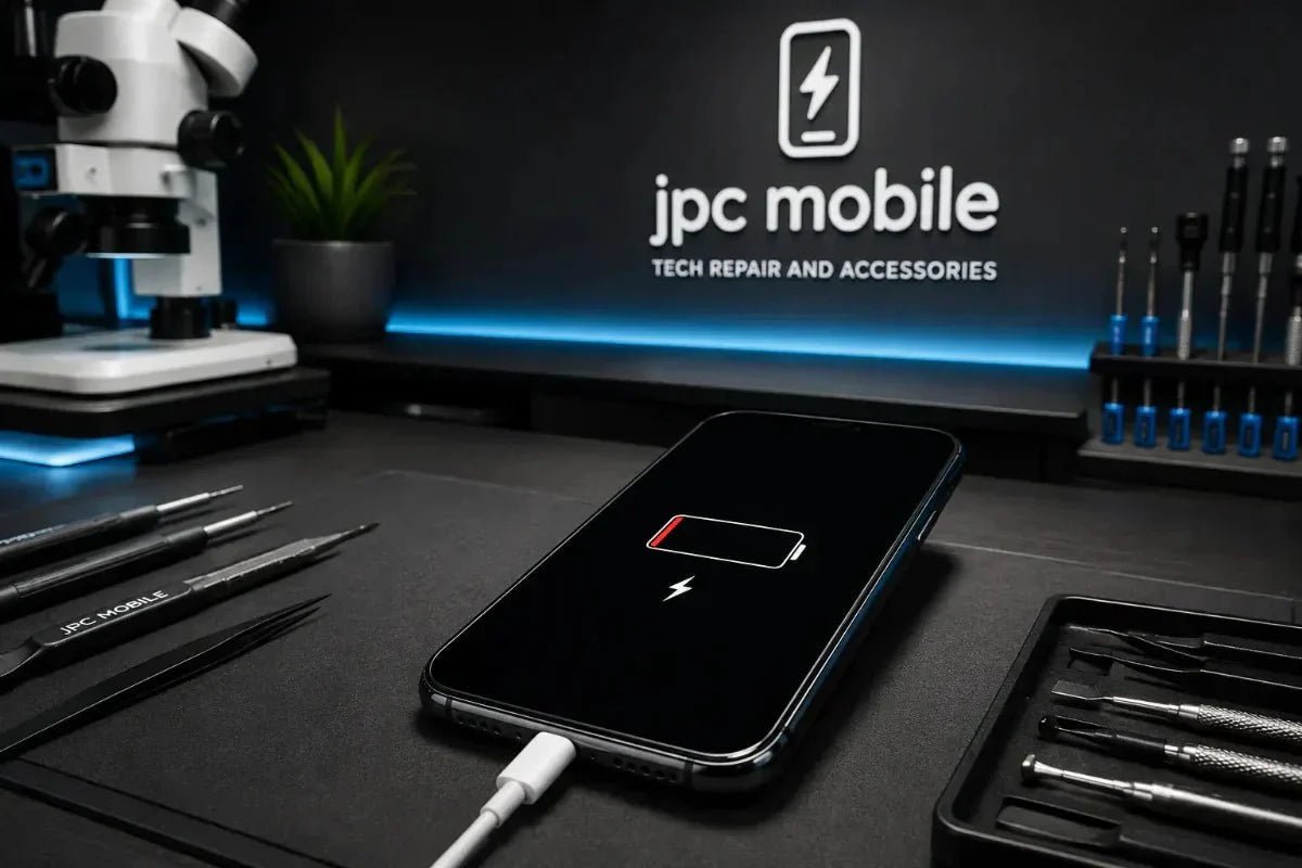 iPhone with charging fault connected to charging cable on a professional repair bench at JPC Mobile Forest Lake Brisbane