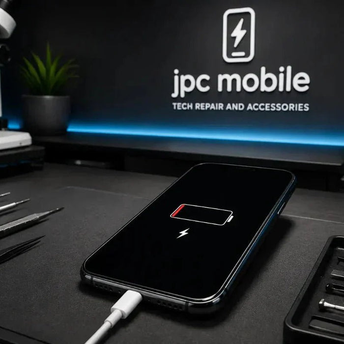 iPhone with charging fault connected to charging cable on a professional repair bench at JPC Mobile Forest Lake Brisbane