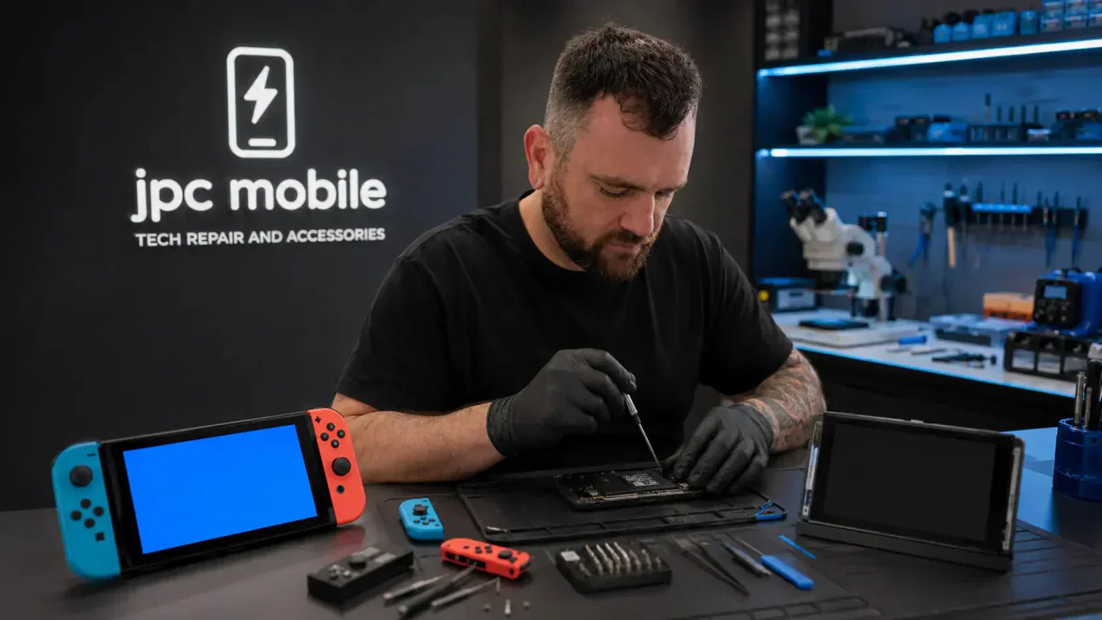 Nintendo Switch blue screen and black screen repair setup with diagnostic tools