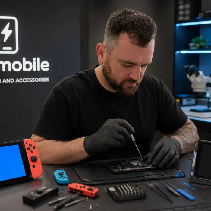 Nintendo Switch blue screen and black screen repair setup with diagnostic tools
