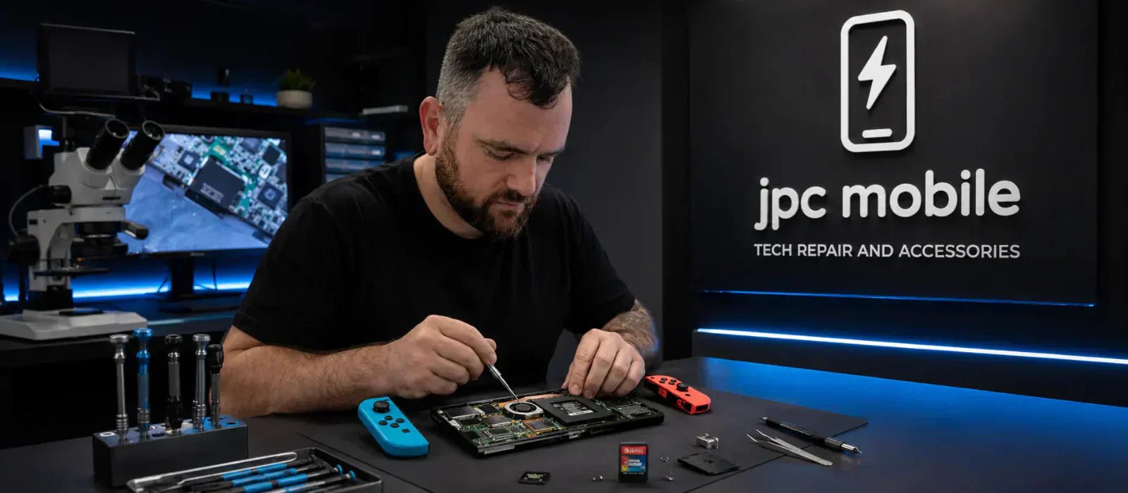 Nintendo Switch game card reader repair setup with console tools and diagnostics