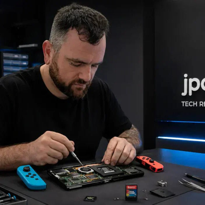 Nintendo Switch game card reader repair setup with console tools and diagnostics