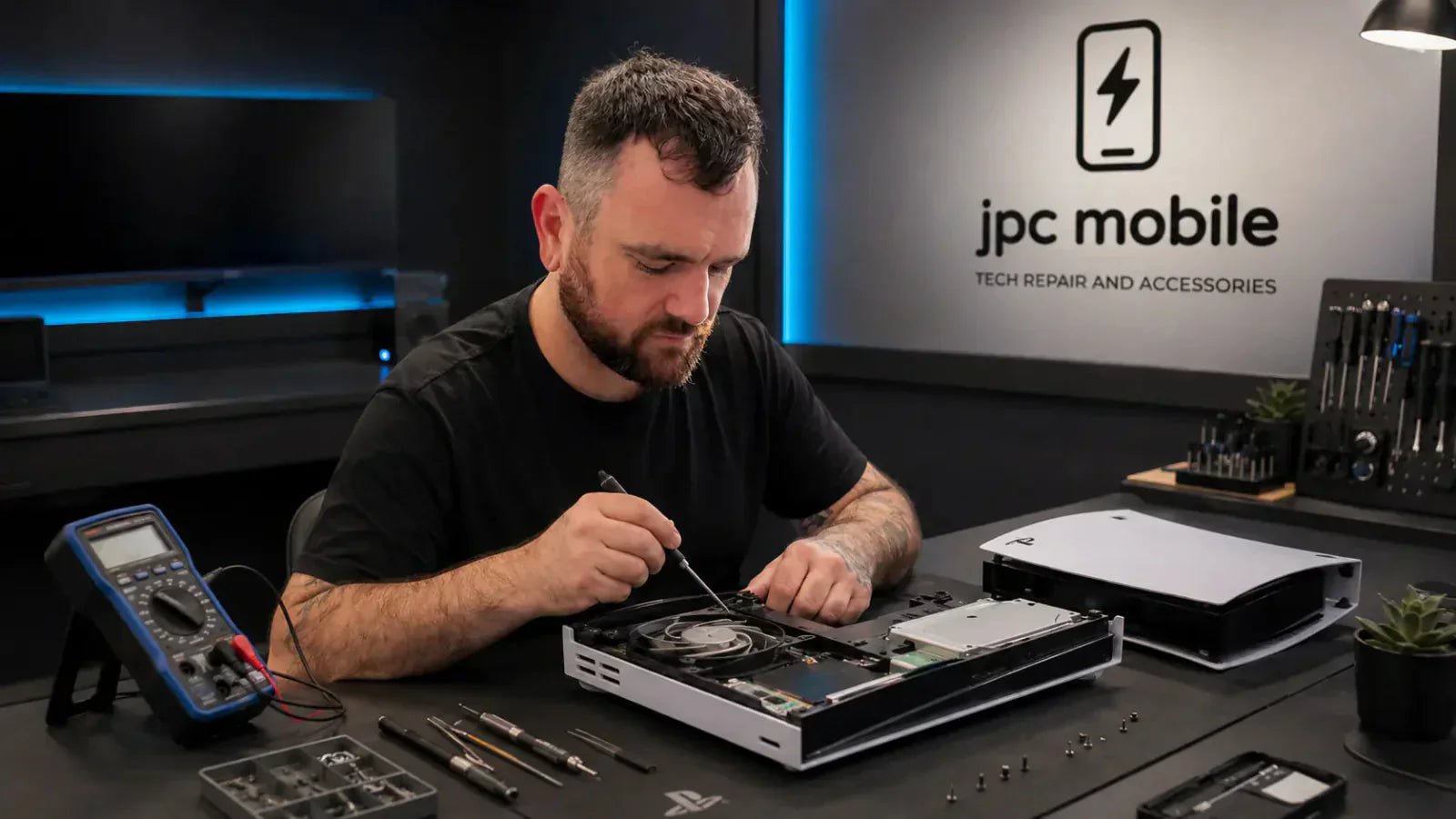PS5 turns on then off repair setup with diagnostic tools and console parts