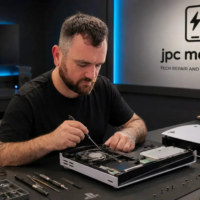 PS5 turns on then off repair setup with diagnostic tools and console parts