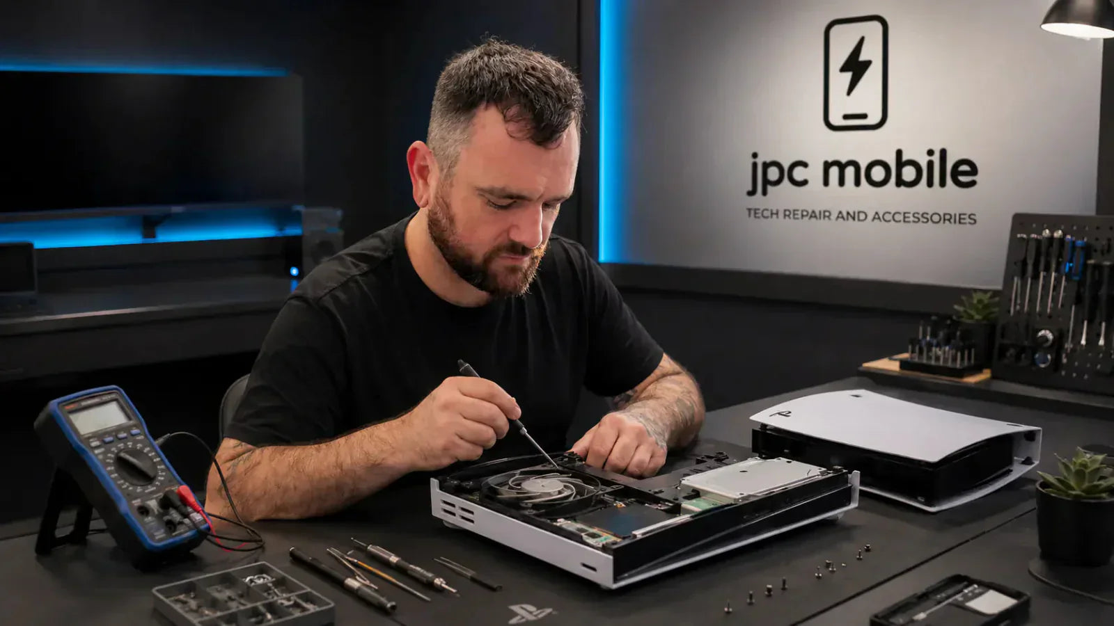 PS5 turns on then off repair setup with diagnostic tools and console parts