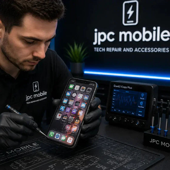 Technician diagnosing iPhone touchscreen and ghost touch faults at JPC Mobile Forest Lake Brisbane
