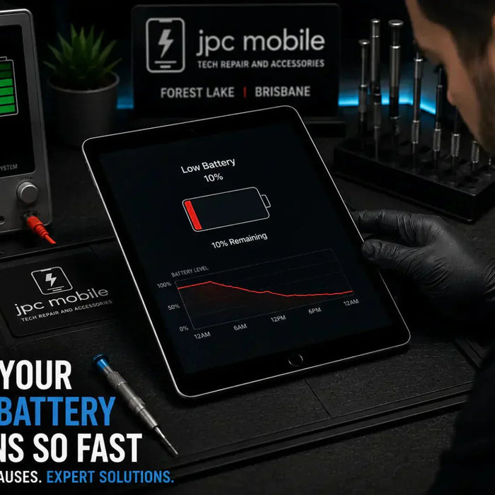 Technician diagnosing an iPad with severe battery drain issues using battery health testing equipment
