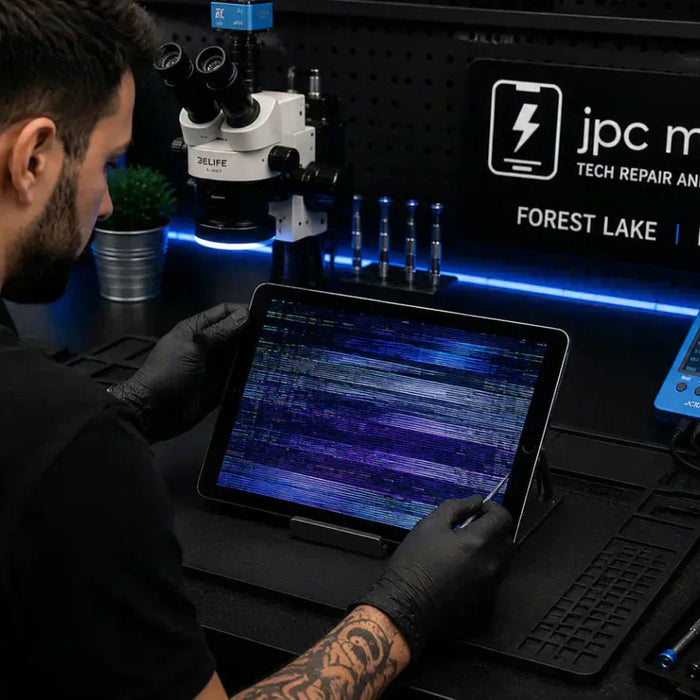 Technician diagnosing an iPad with a flickering display problem at a professional repair workstation