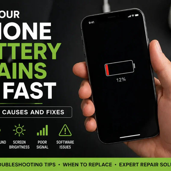 Technician diagnosing poor iPhone battery life and rapid battery drain issues at a professional repair workstation
