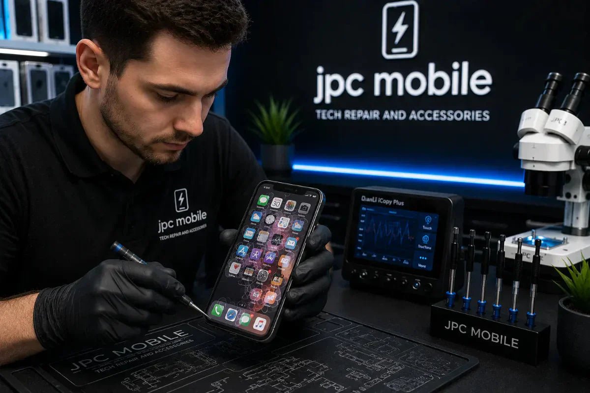 Technician diagnosing iPhone touchscreen and ghost touch faults at JPC Mobile Forest Lake Brisbane