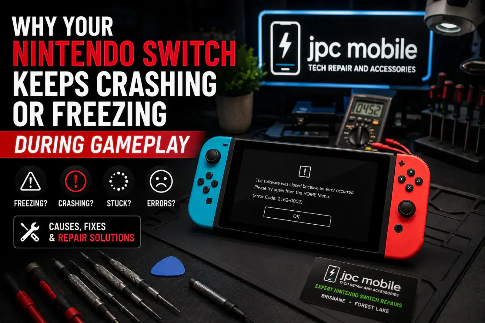 Technician diagnosing a Nintendo Switch that keeps crashing and freezing during gameplay