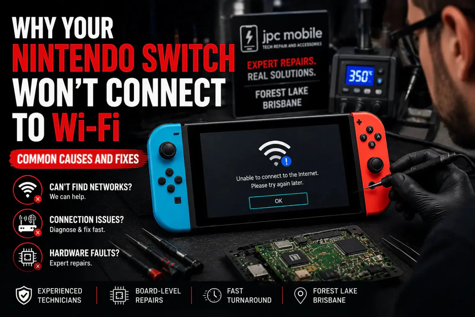 Technician diagnosing a Nintendo Switch with Wi-Fi connection problems