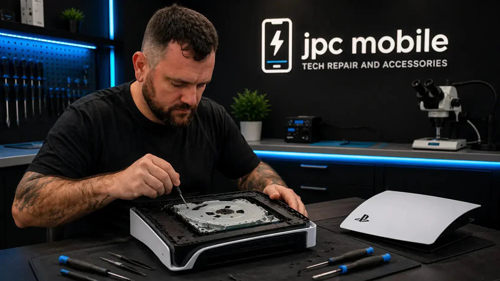 Technician diagnosing a PlayStation 5 disc drive fault while repairing a PS5 console that is not reading game discs