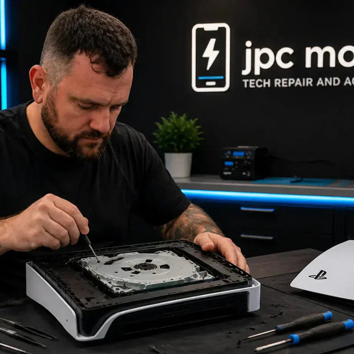 Technician diagnosing a PlayStation 5 disc drive fault while repairing a PS5 console that is not reading game discs