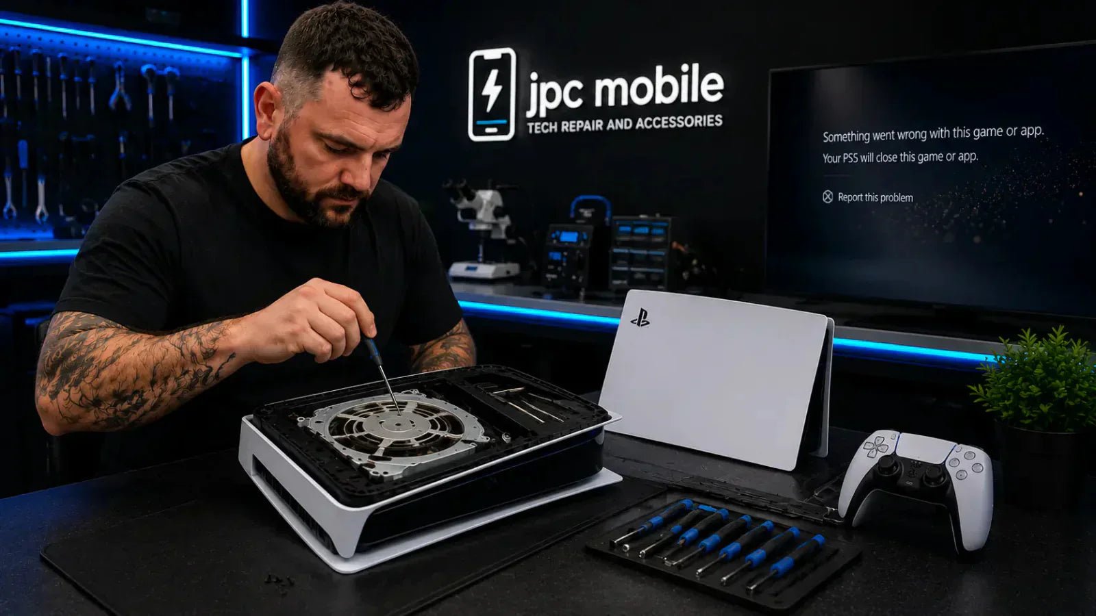 Technician diagnosing a PlayStation 5 that keeps crashing and freezing during gameplay