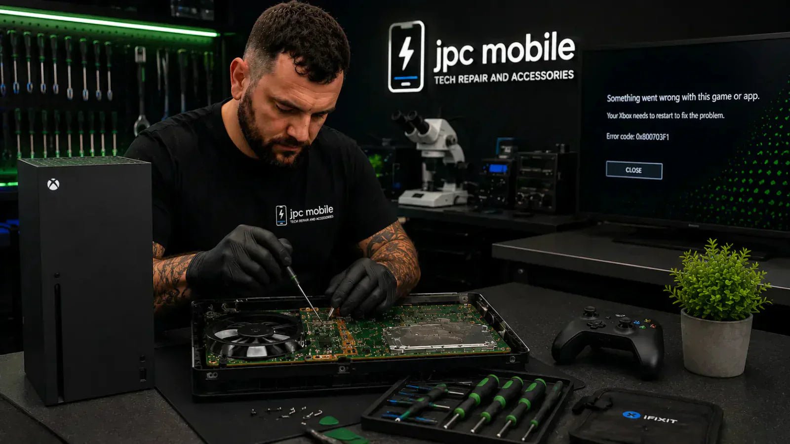 Technician diagnosing an Xbox Series X that keeps crashing and freezing during gameplay