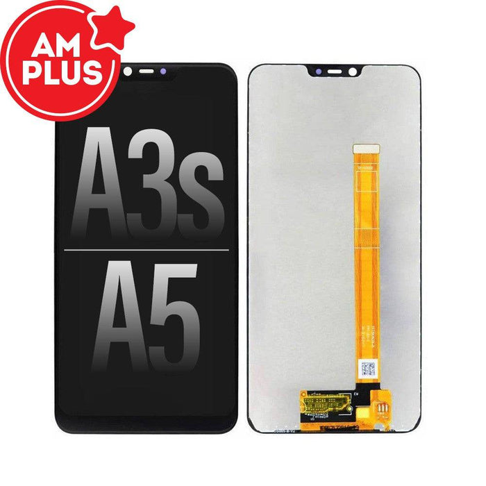 AMPLUS LCD screen digitizer replacement for OPPO A3s A5 AX5 showing professional OEM quality black assembly with capacitive multi-touch technology and 12-month warranty coverage