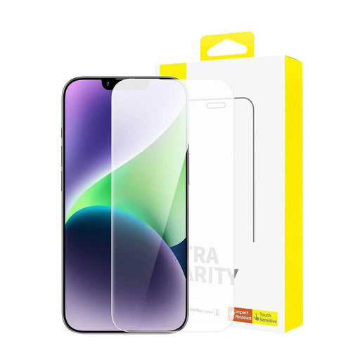 Baseus Diamond Series HD All-Tempered-Glass showing crystal clear transparency and full-screen coverage for iPhone 13 Pro Max and 14 Plus with high definition technology
