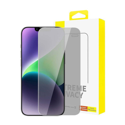 Baseus Diamond Series Privacy Protection tempered glass showing full-screen coverage for iPhone 13 Pro Max and 14 Plus with anti-shock and privacy shield technology