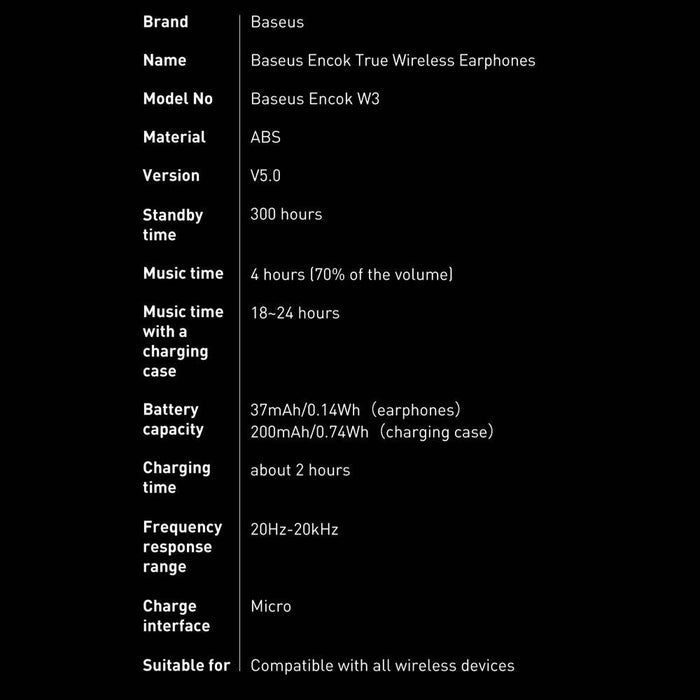 Baseus Encok W3 Rechargeable Charging Case - Portable Design LED Indicators 300 Hour Total Battery Life Brisbane Australia