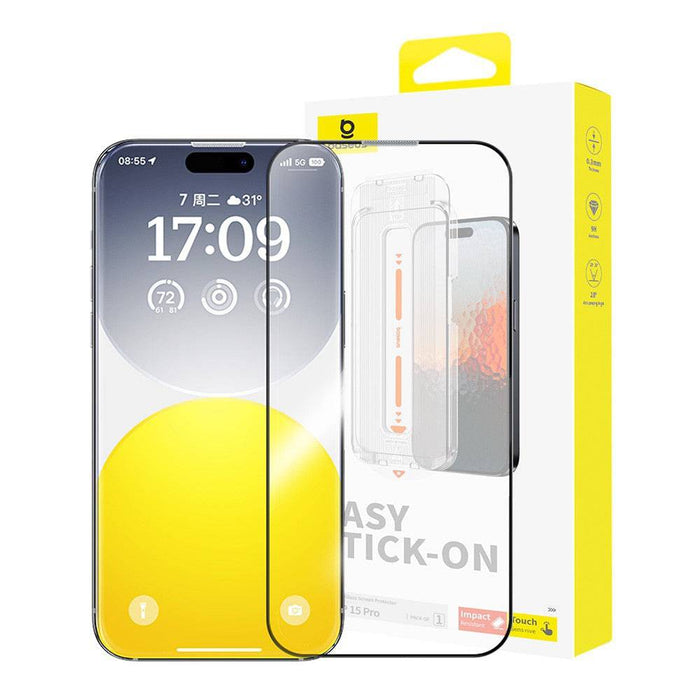 Baseus Sapphire 9H Tempered Glass iPhone 15 Pro Action Button Dynamic Island 0.3mm Dust Filter Full Coverage Protector JPC