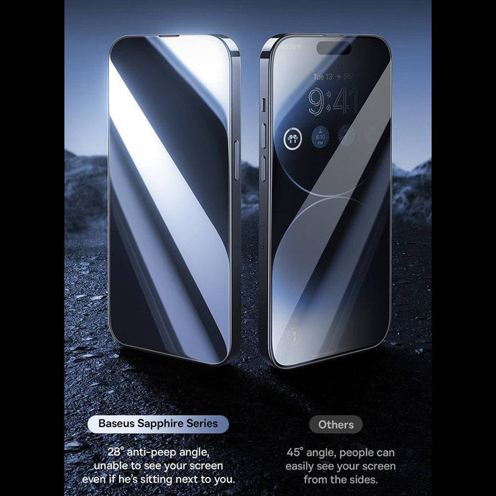 iPhone 15 Pro Max fully covered with Baseus Sapphire Series screen protector for complete protection.