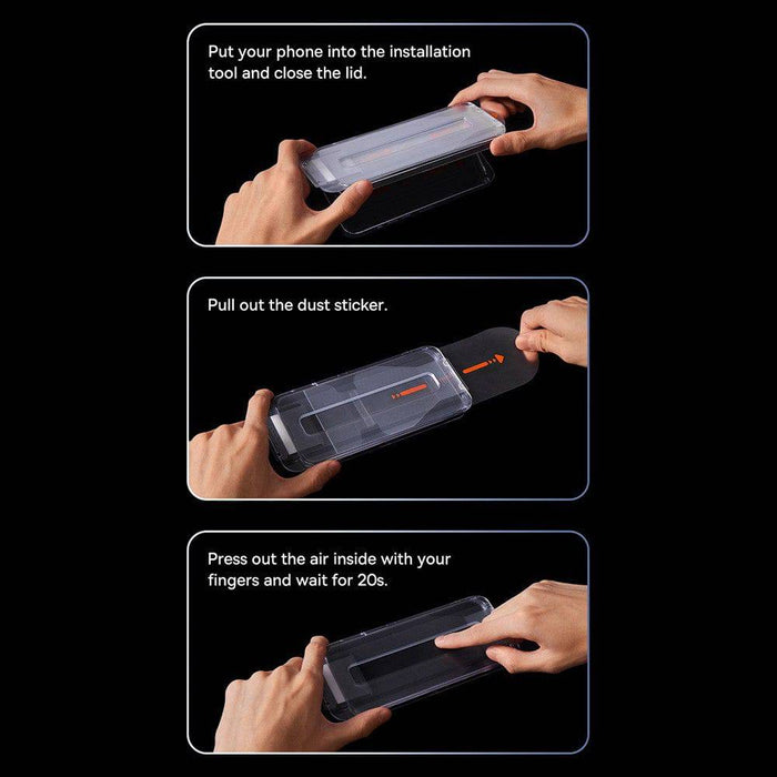 Full coverage Baseus tempered glass screen protector with dust-proof tool for easy installation.