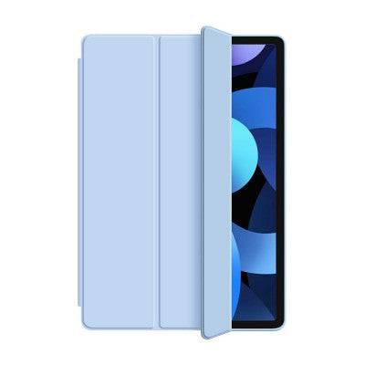 Blue soft TPU leather iPad folio case showing Apple Pencil charging compatibility and 30 degree typing angle classic color variant