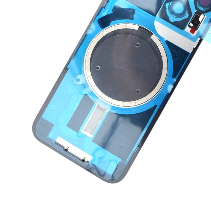 Close-up of BQ7 Blue iPhone 14 rear glass camera lens and MagSafe panel