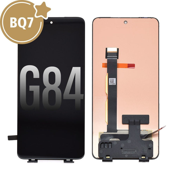 BQ7 OLED assembly replacement for Motorola Moto G84 showing professional grade 6.5 inch P-OLED display with 120Hz refresh rate and capacitive multi-touch