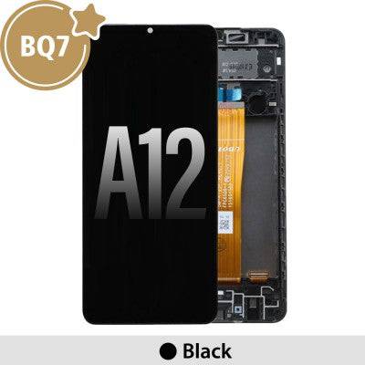 BQ7 Samsung Galaxy A12 A125F OLED screen replacement digitizer with frame in black featuring retina display technology, capacitive multi-touch, professional repair parts for mobile technicians and repair shops at $51.30