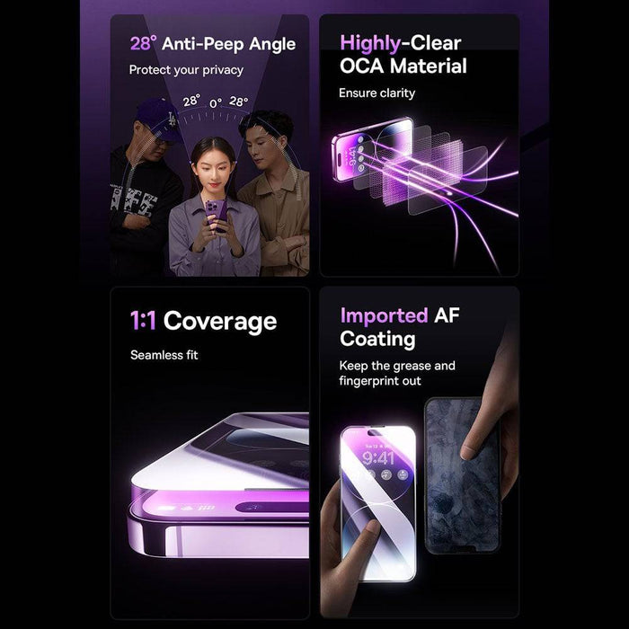 Baseus Sapphire Series Privacy Tempered Glass Screen Protector with Dust Filter iPhone 13 Pro Max / 14 Plus - 28° Anti - Peep | JPC Mobile Accessories - JPC MOBILE ACCESSORIES